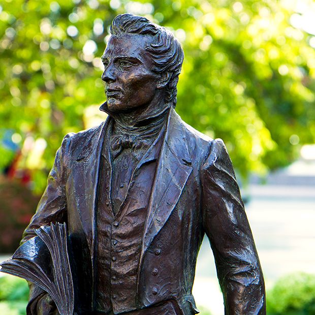Bronze statue of Joseph Smith, prophet of the LDS restoration.
