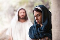 Jesus Christ approaching Mary Magdalene, who does not yet know He has risen from the grave.