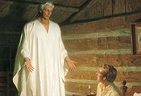 The Angel Moroni appearing before a young Joseph Smith.