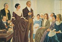 Painting of Joseph and Emma Smith at the organization of the Relief Society.