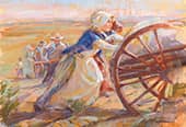 Pioneer women push a handcart.