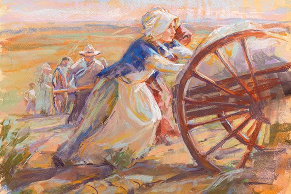 painting of woman pushing handcart 